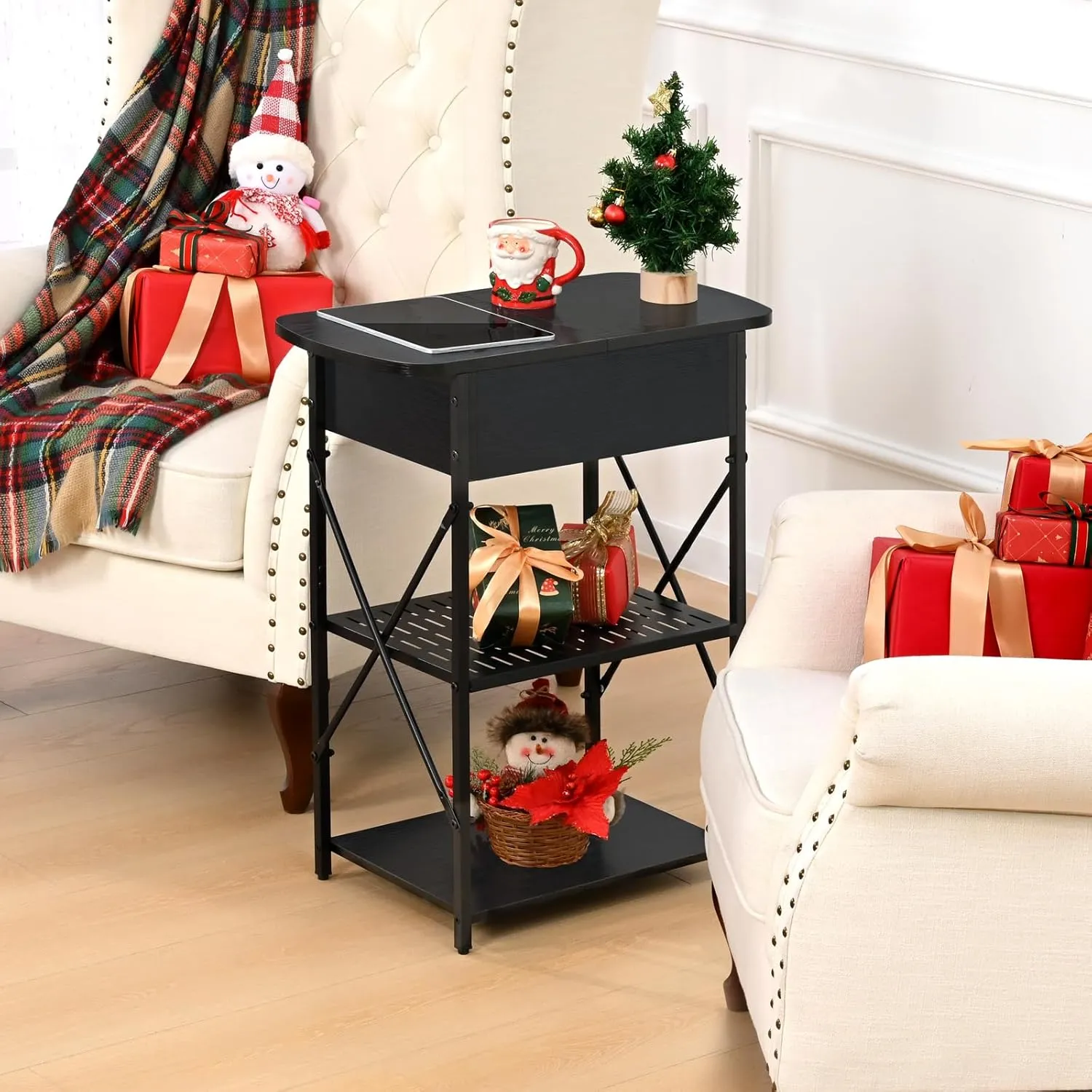 Narrow End Table with Charging Station, Side Table with 3 USB Ports and 2 AC Outlets, Flip Top End Table with Storage, Black Side Tables Living Room, Nightstand with Drawer for Bedroom