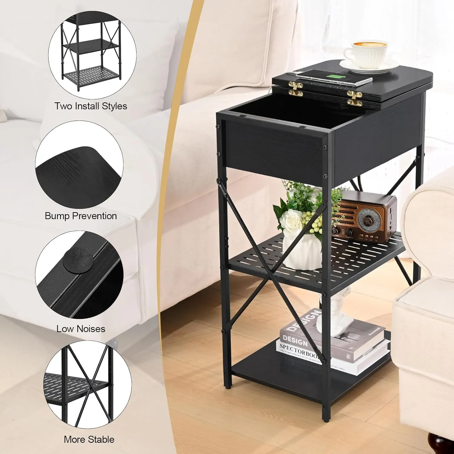 Narrow End Table with Charging Station, Side Table with 3 USB Ports and 2 AC Outlets, Flip Top End Table with Storage, Black Side Tables Living Room, Nightstand with Drawer for Bedroom