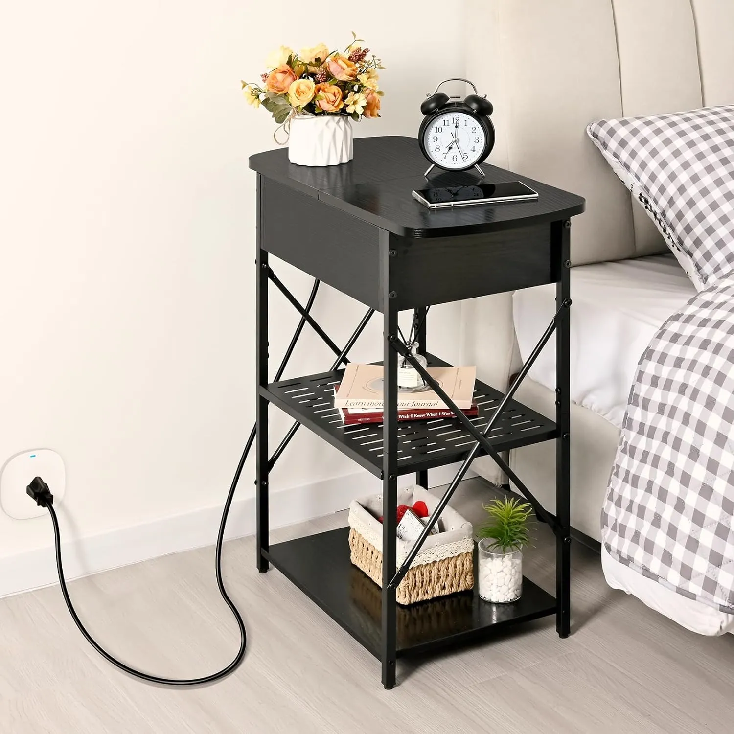 Narrow End Table with Charging Station, Side Table with 3 USB Ports and 2 AC Outlets, Flip Top End Table with Storage, Black Side Tables Living Room, Nightstand with Drawer for Bedroom