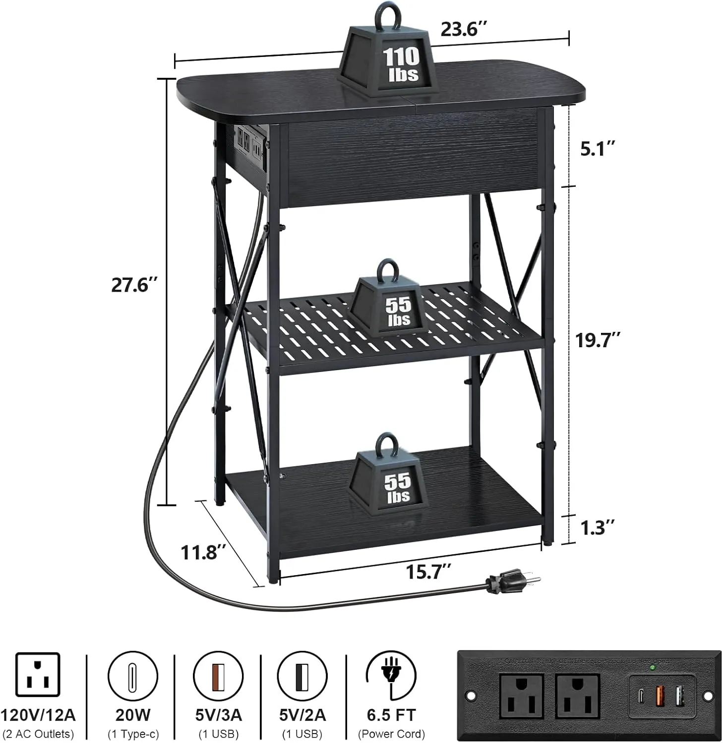Narrow End Table with Charging Station, Side Table with 3 USB Ports and 2 AC Outlets, Flip Top End Table with Storage, Black Side Tables Living Room, Nightstand with Drawer for Bedroom