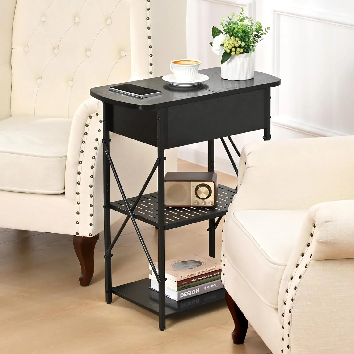 Narrow End Table with Charging Station, Side Table with 3 USB Ports and 2 AC Outlets, Flip Top End Table with Storage, Black Side Tables Living Room, Nightstand with Drawer for Bedroom