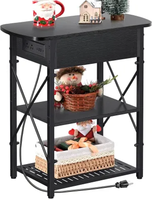 Narrow End Table with Charging Station, Side Table with 3 USB Ports and 2 AC Outlets, Flip Top End Table with Storage, Black Side Tables Living Room, Nightstand with Drawer for Bedroom