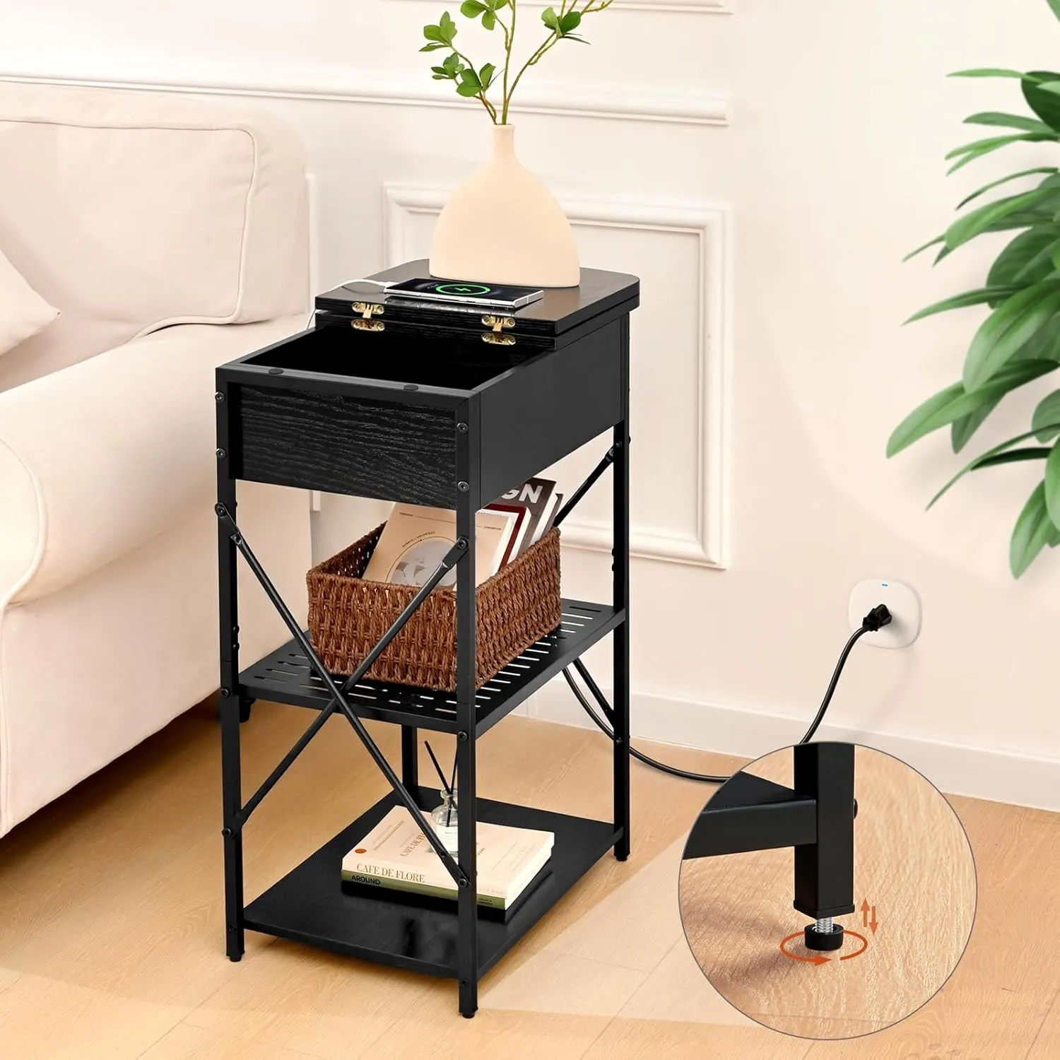 Narrow End Table with Charging Station, Side Table with 3 USB Ports and 2 AC Outlets, Flip Top End Table with Storage, Black Side Tables Living Room, Nightstand with Drawer for Bedroom