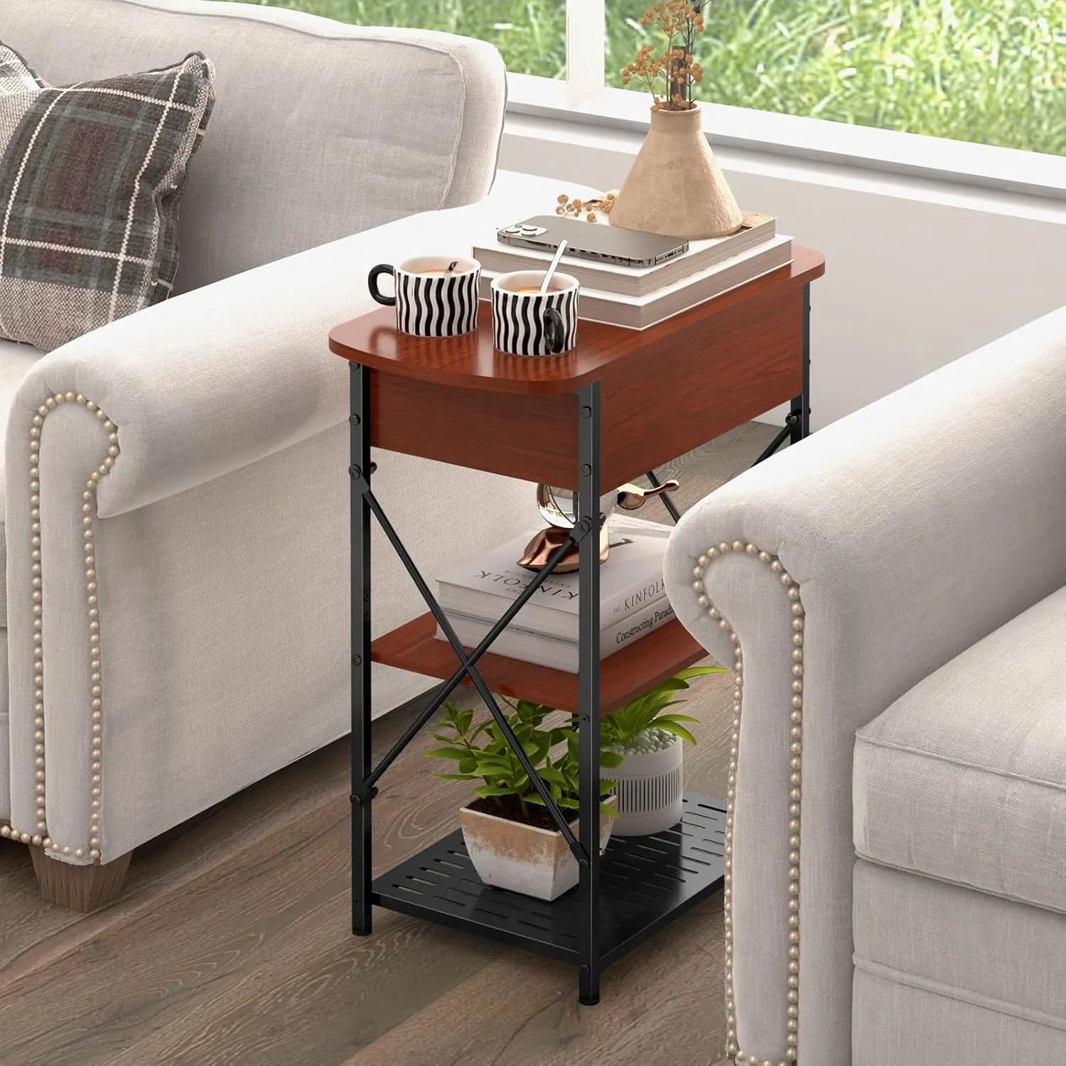 Narrow Side Table with Charging Station, End Table with 3 USB Ports and 2 AC Outlets, Flip Top End Table with Storage, End Tables Living Room, Nightstand with Drawer for Bedroom, Cherry