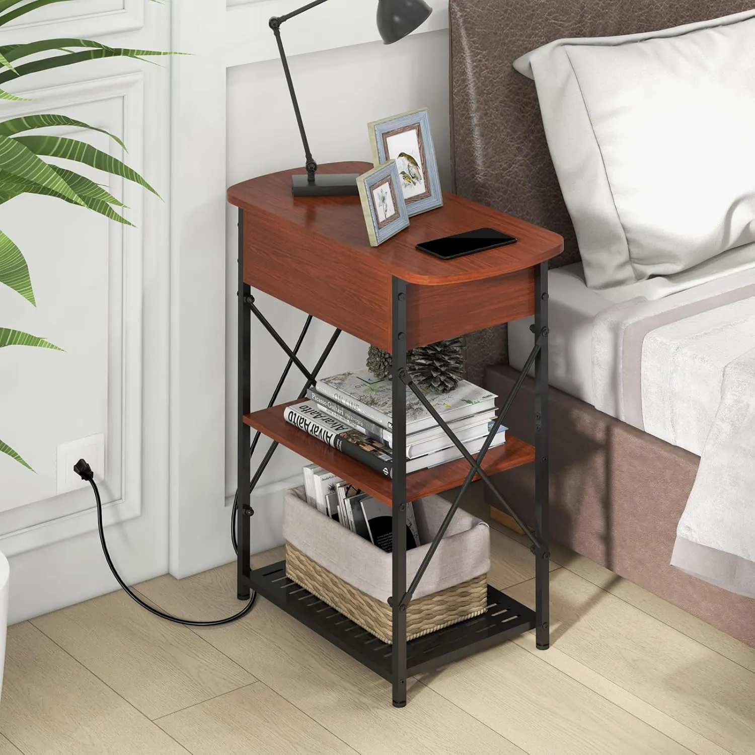 Narrow Side Table with Charging Station, End Table with 3 USB Ports and 2 AC Outlets, Flip Top End Table with Storage, End Tables Living Room, Nightstand with Drawer for Bedroom, Cherry