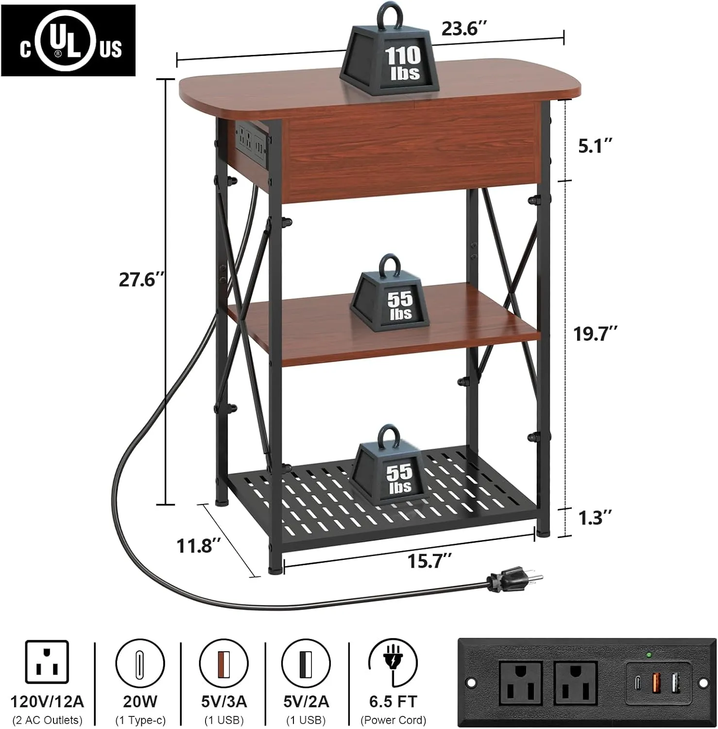 Narrow Side Table with Charging Station, End Table with 3 USB Ports and 2 AC Outlets, Flip Top End Table with Storage, End Tables Living Room, Nightstand with Drawer for Bedroom, Cherry