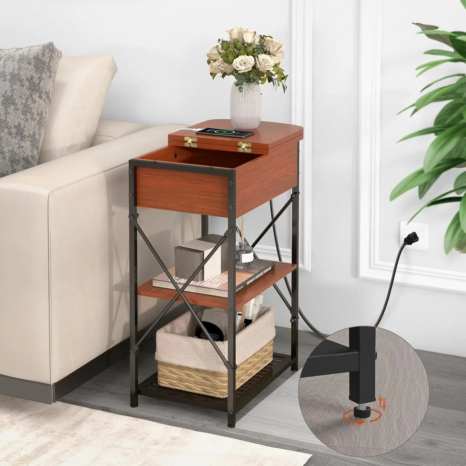 Narrow Side Table with Charging Station, End Table with 3 USB Ports and 2 AC Outlets, Flip Top End Table with Storage, End Tables Living Room, Nightstand with Drawer for Bedroom, Cherry