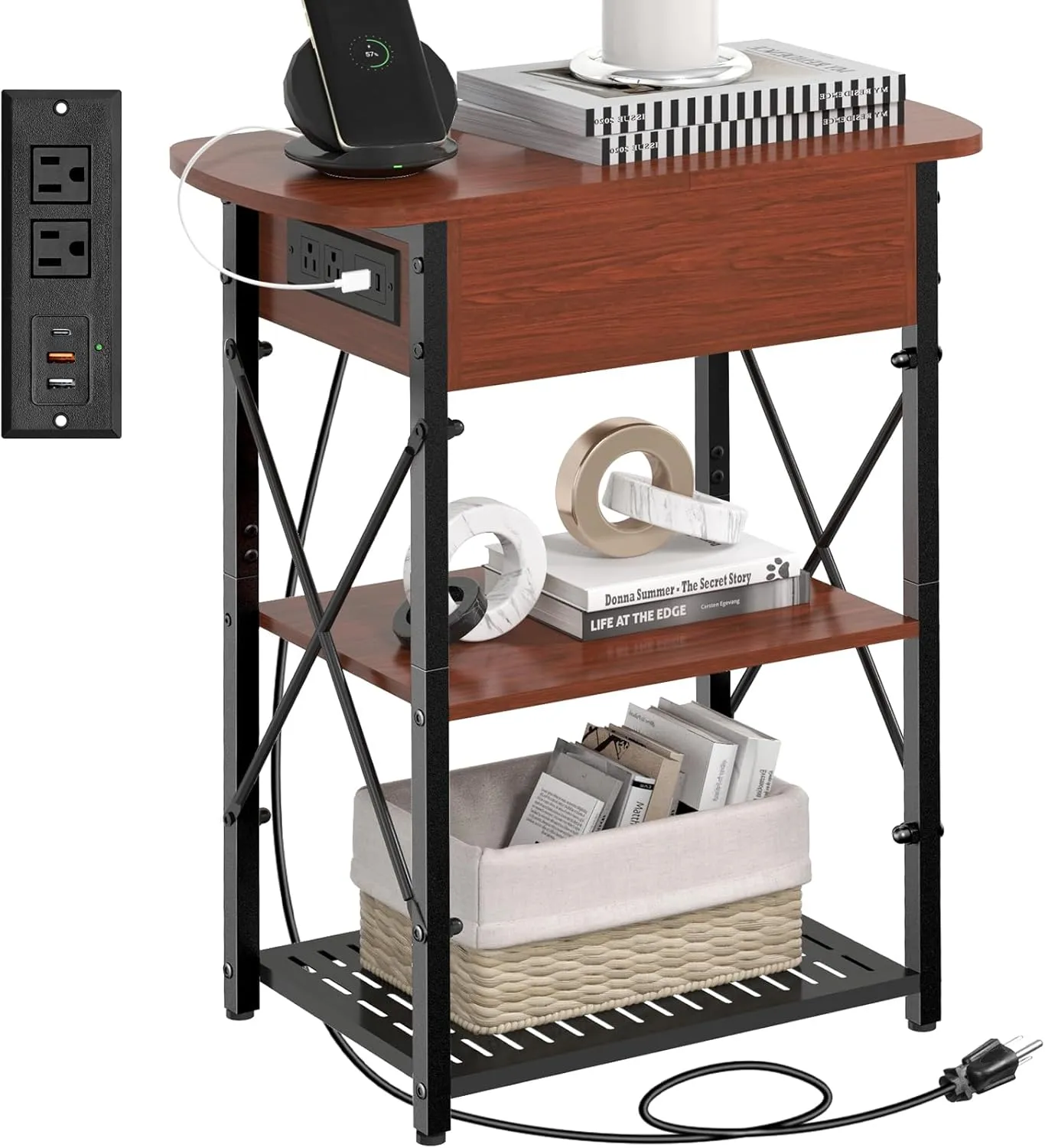 Narrow Side Table with Charging Station, End Table with 3 USB Ports and 2 AC Outlets, Flip Top End Table with Storage, End Tables Living Room, Nightstand with Drawer for Bedroom, Cherry