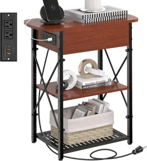 Narrow Side Table with Charging Station, End Table with 3 USB Ports and 2 AC Outlets, Flip Top End Table with Storage, End Tables Living Room, Nightstand with Drawer for Bedroom, Cherry