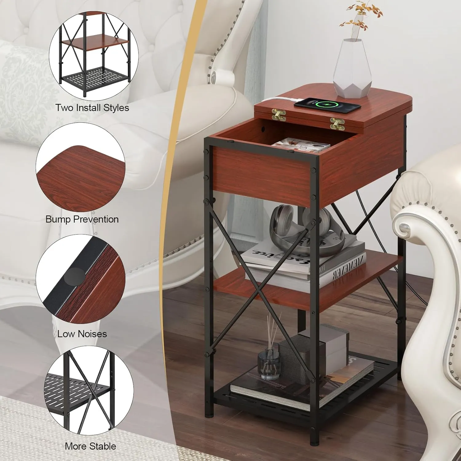 Narrow Side Table with Charging Station, End Table with 3 USB Ports and 2 AC Outlets, Flip Top End Table with Storage, End Tables Living Room, Nightstand with Drawer for Bedroom, Cherry