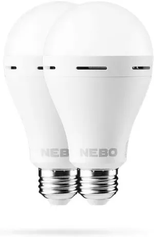 NEBO BLACKOUT BACKUP Emergency Bulb | 850 Lumens,12 Hour Run Time Without Power, LED Rechargeable Light Bulb, Automatic Charging, E26 Screw Base, Includes Power Cap for Handheld Use — 2 Pack