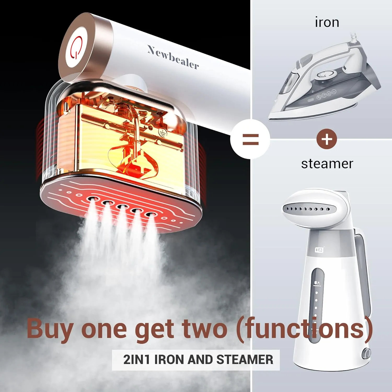 Newbealer Steamer for Clothes, 1200W Portable Steam Iron, 2 Steam Levels, Horizontal and Vertical Steaming, Dry Ironing, 15s Heat Up, Rotatable, 302°F Garment Wrinkle Remover (120V Only)