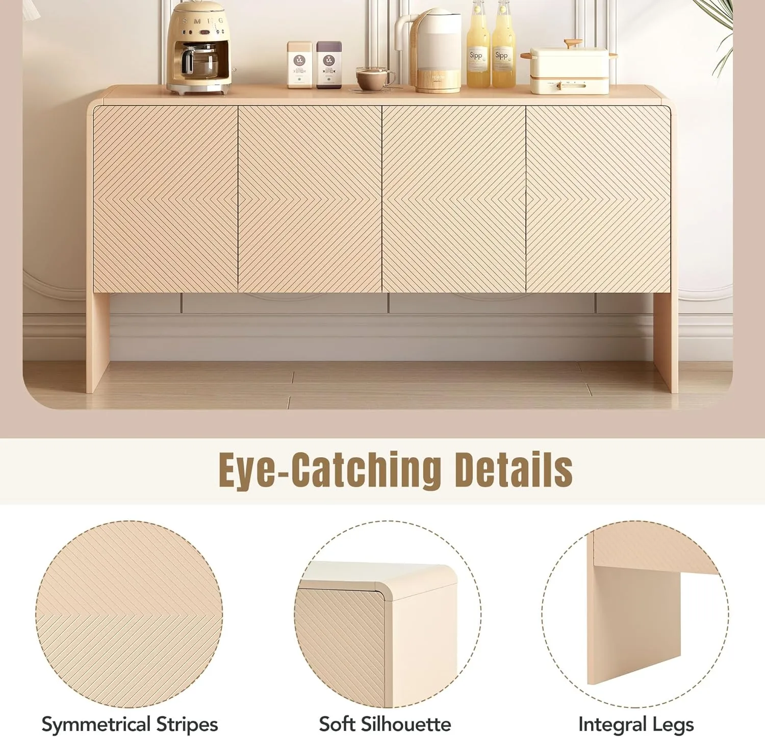 NicBex 60" Accent Storage Cabinet with 4 Doors and Rebound Device,Modern Kitchen Sideboard Storage Buffet Cabine for Living Room, Kitchen, Office,Hallway,Apricot Cream