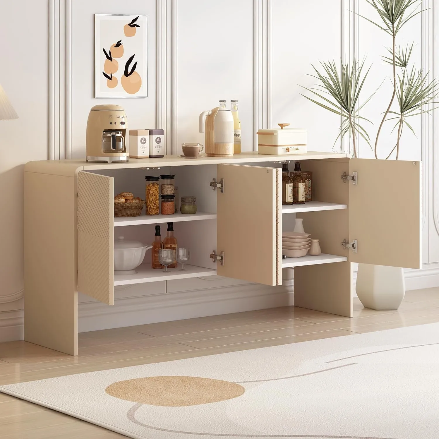 NicBex 60" Accent Storage Cabinet with 4 Doors and Rebound Device,Modern Kitchen Sideboard Storage Buffet Cabine for Living Room, Kitchen, Office,Hallway,Apricot Cream