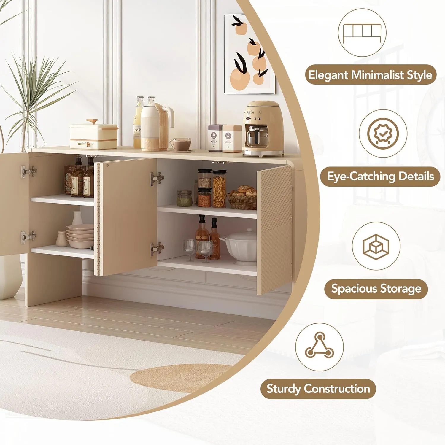 NicBex 60" Accent Storage Cabinet with 4 Doors and Rebound Device,Modern Kitchen Sideboard Storage Buffet Cabine for Living Room, Kitchen, Office,Hallway,Apricot Cream