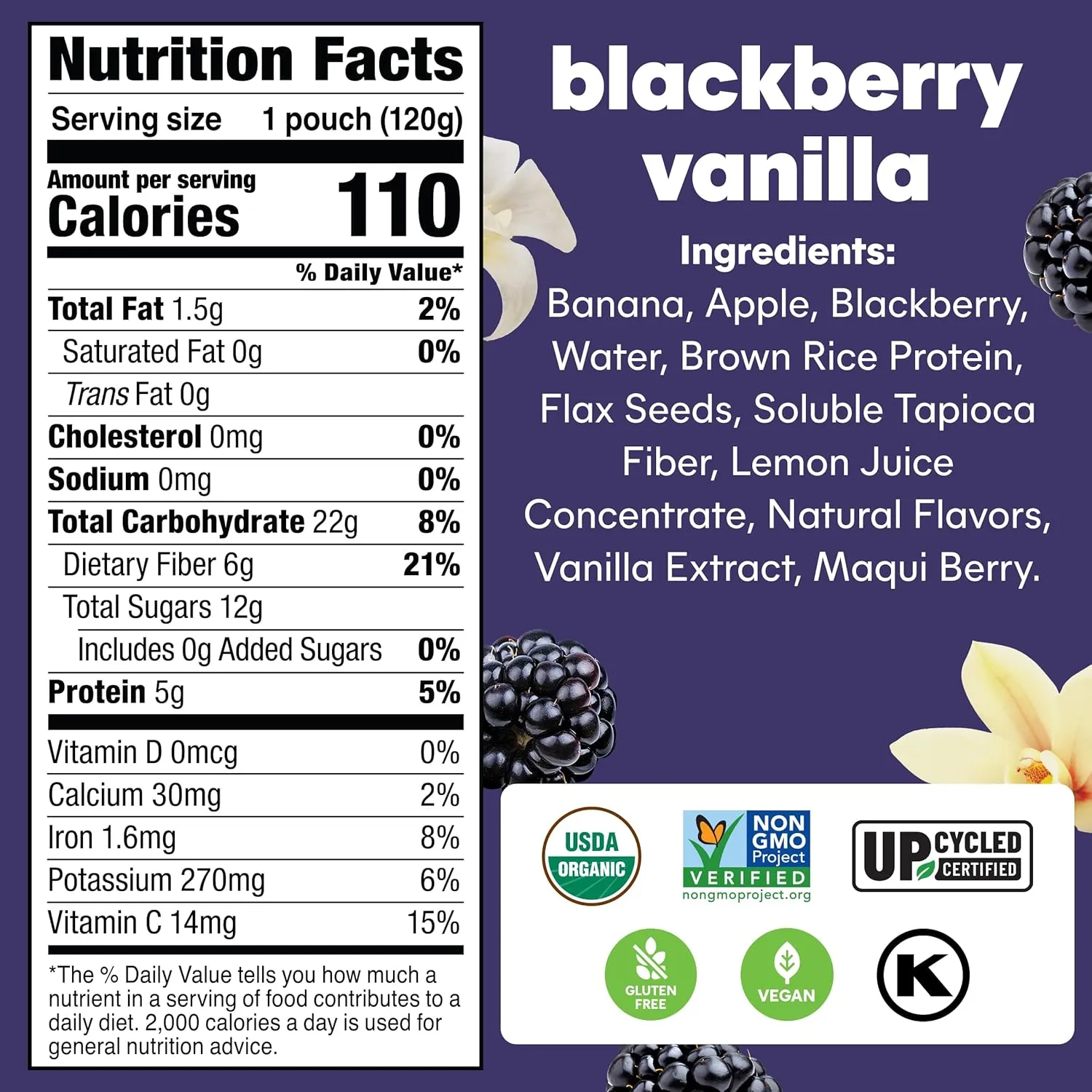 Noka Superfood Fruit Smoothie Pouches, Blackberry Vanilla, Healthy Snacks with Flax Seed, Plant Protein and Prebiotic Fiber, Vegan and Gluten Free Snacks, Organic Squeeze Pouch, 4.22 oz, 12 Count
