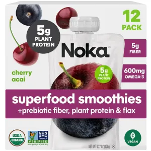Noka Superfood Fruit Smoothie Pouches, Cherry Acai, Healthy Snacks with Flax Seed, Plant Protein and Prebiotic Fiber, Vegan and Gluten Free Snacks, Organic Squeeze Pouch, 4.22 oz, 12 Count