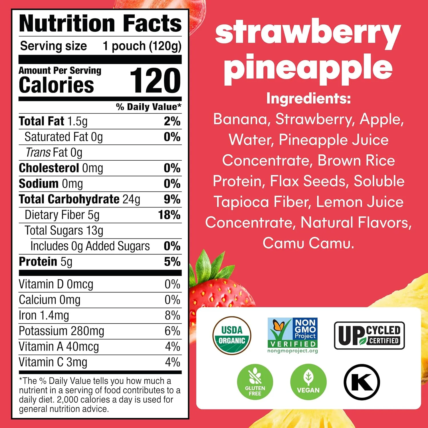 Noka Superfood Fruit Smoothie Pouches, Strawberry Pineapple, Healthy Snacks with Flax Seed, Prebiotic Fiber and Plant Protein, Vegan and Gluten Free, Organic Squeeze Pouch, 4.22 oz, 12 Count
