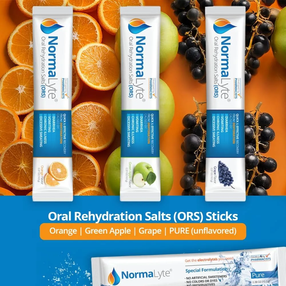 NormaLyte Oral Rehydration Salts-2 Pouches - 60 Sticks (Yields 500mL per Pack)-Pure| Energy Supplements, Potassium Supplement, Dehydration Recovery and Quick Absorption