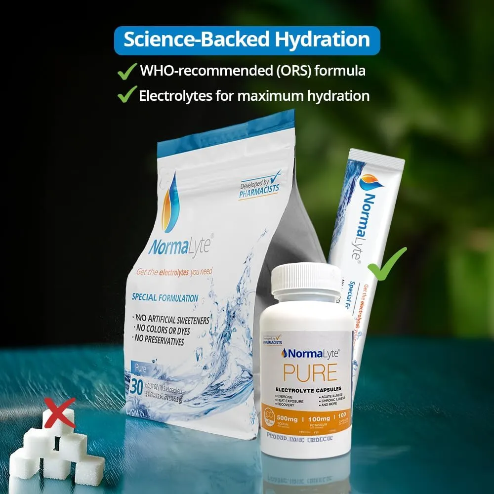 NormaLyte Oral Rehydration Salts-2 Pouches - 60 Sticks (Yields 500mL per Pack)-Pure| Energy Supplements, Potassium Supplement, Dehydration Recovery and Quick Absorption