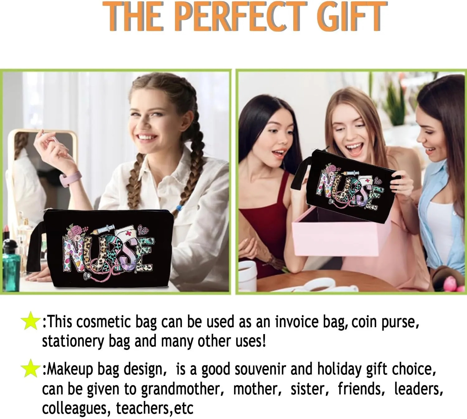 Nurse Black Makeup Bag - Trendy Nurse Themed Gifts for Lovers Girls Mom Women, Nursing Student Gifts, Canvas Zipper Makeup Bag, Cosmetic Travel Bags for Women