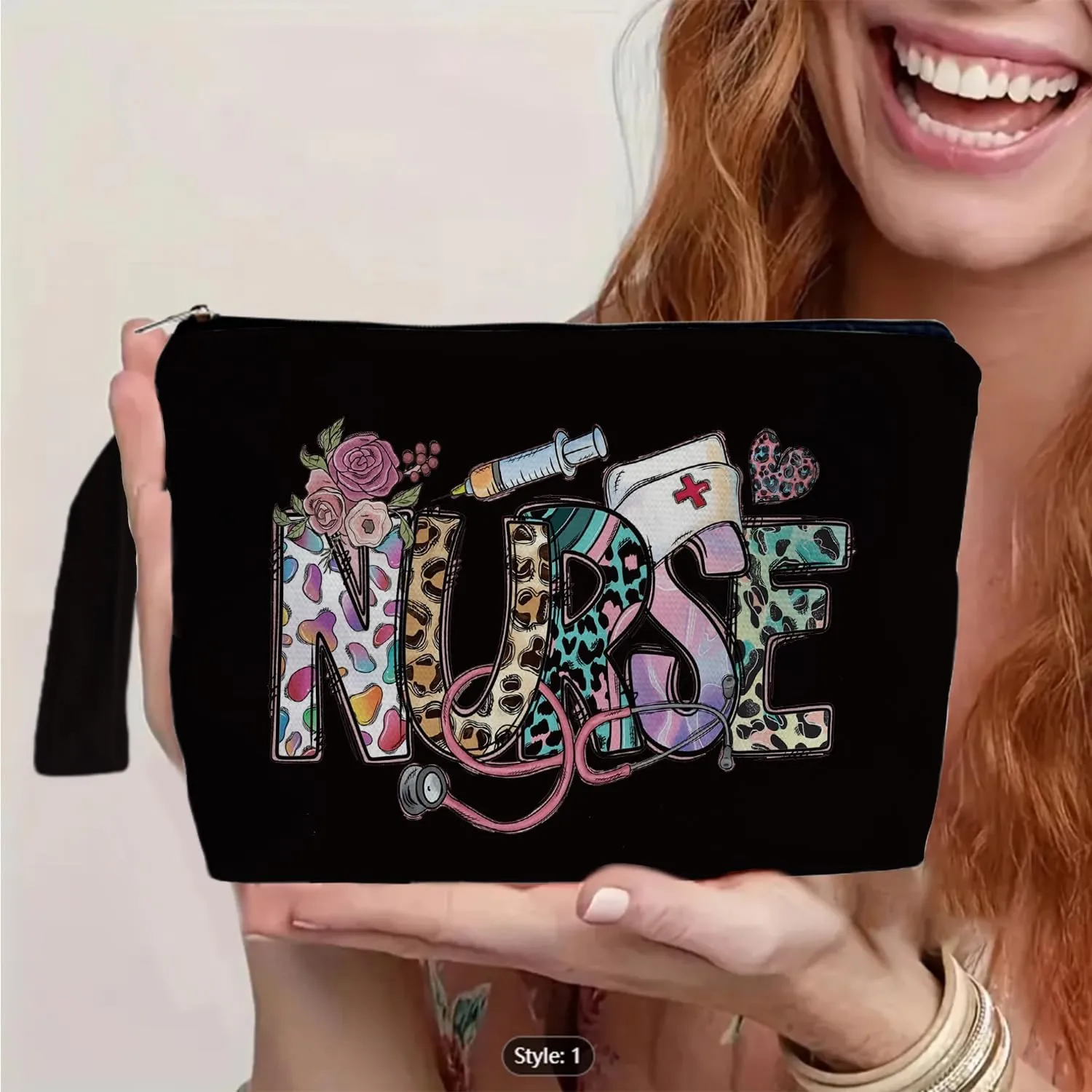 Nurse Black Makeup Bag - Trendy Nurse Themed Gifts for Lovers Girls Mom Women, Nursing Student Gifts, Canvas Zipper Makeup Bag, Cosmetic Travel Bags for Women