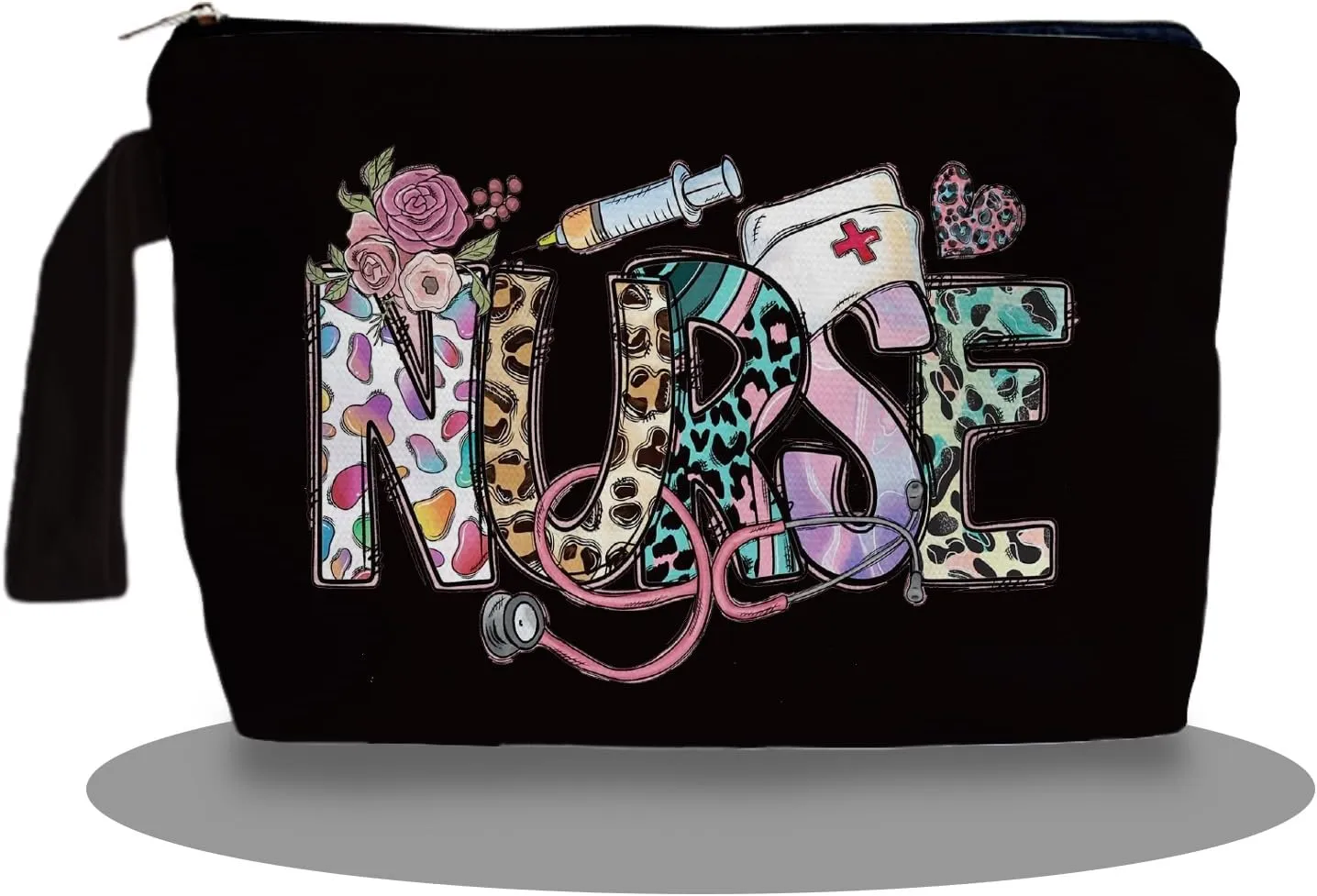 Nurse Black Makeup Bag - Trendy Nurse Themed Gifts for Lovers Girls Mom Women, Nursing Student Gifts, Canvas Zipper Makeup Bag, Cosmetic Travel Bags for Women