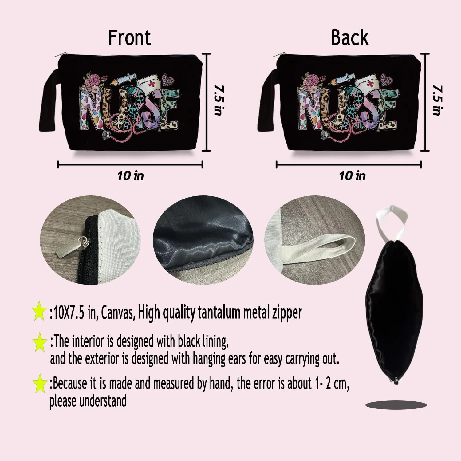 Nurse Black Makeup Bag - Trendy Nurse Themed Gifts for Lovers Girls Mom Women, Nursing Student Gifts, Canvas Zipper Makeup Bag, Cosmetic Travel Bags for Women