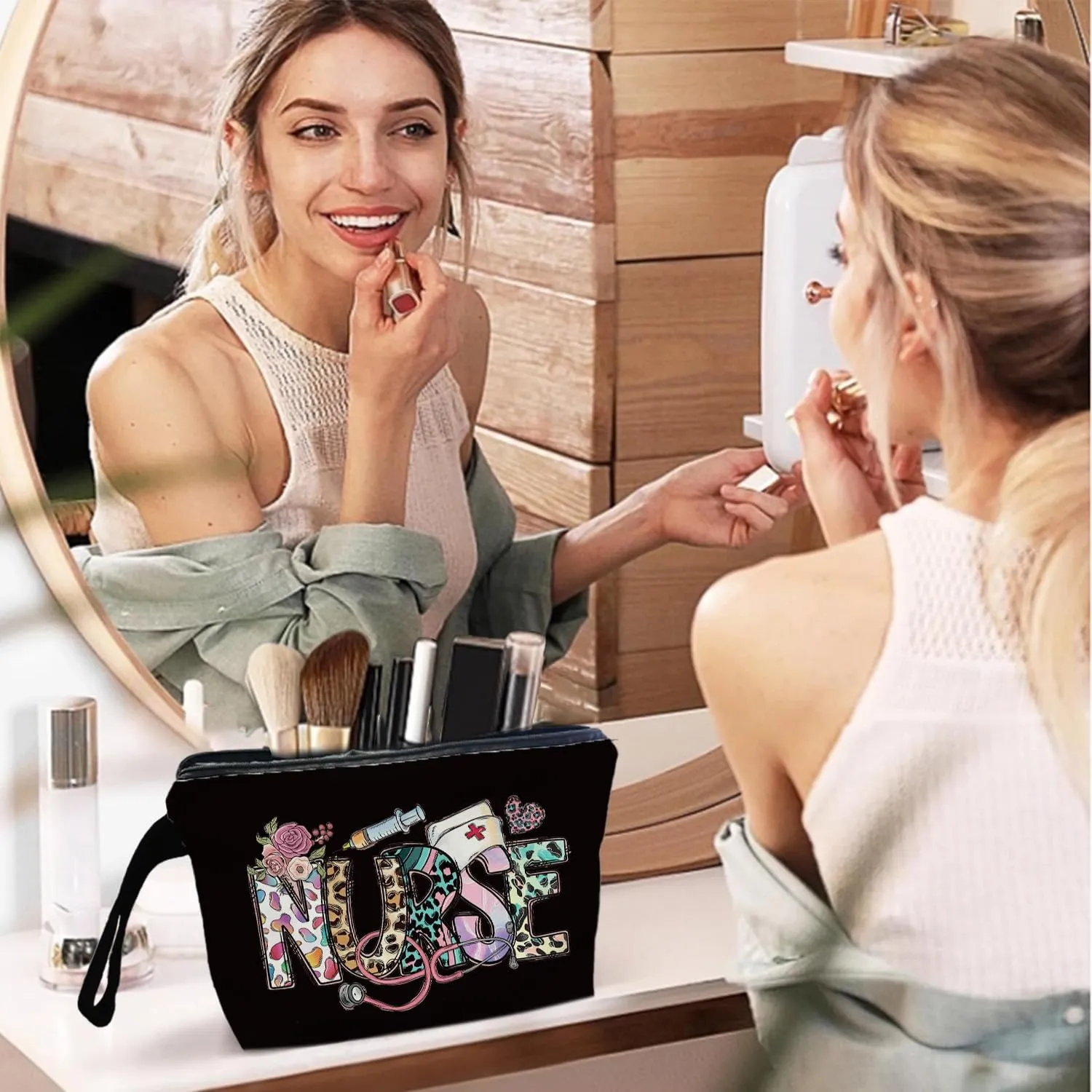 Nurse Black Makeup Bag - Trendy Nurse Themed Gifts for Lovers Girls Mom Women, Nursing Student Gifts, Canvas Zipper Makeup Bag, Cosmetic Travel Bags for Women
