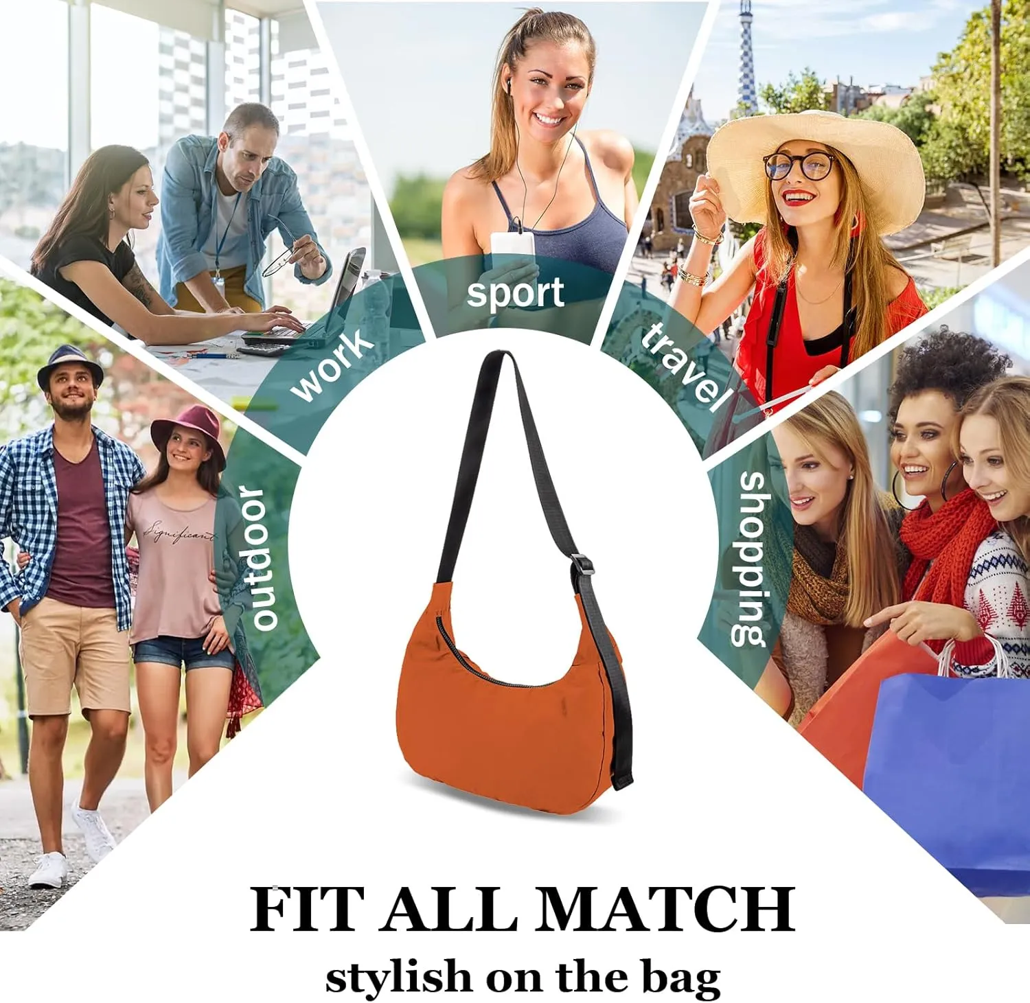 Nylon Crescent Shoulder Bag for Women Men,Crossbody Bag with Adjustable Strap&Dual Interior Zip Pocket