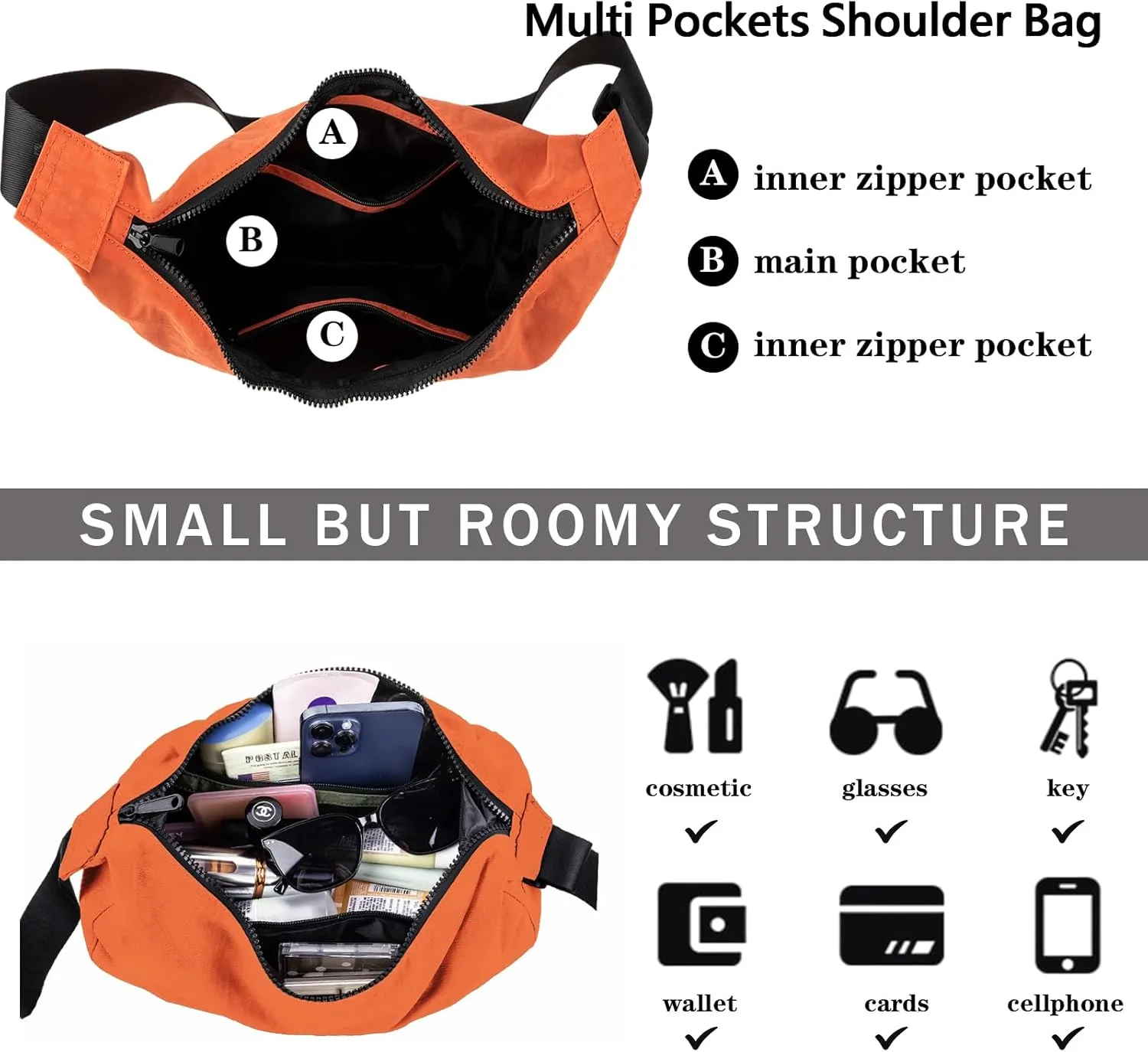 Nylon Crescent Shoulder Bag for Women Men,Crossbody Bag with Adjustable Strap&Dual Interior Zip Pocket