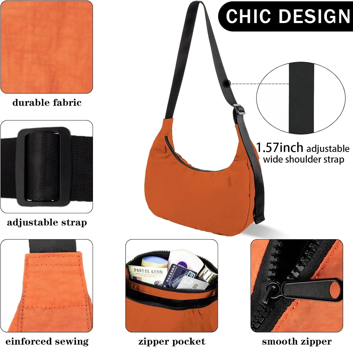 Nylon Crescent Shoulder Bag for Women Men,Crossbody Bag with Adjustable Strap&Dual Interior Zip Pocket