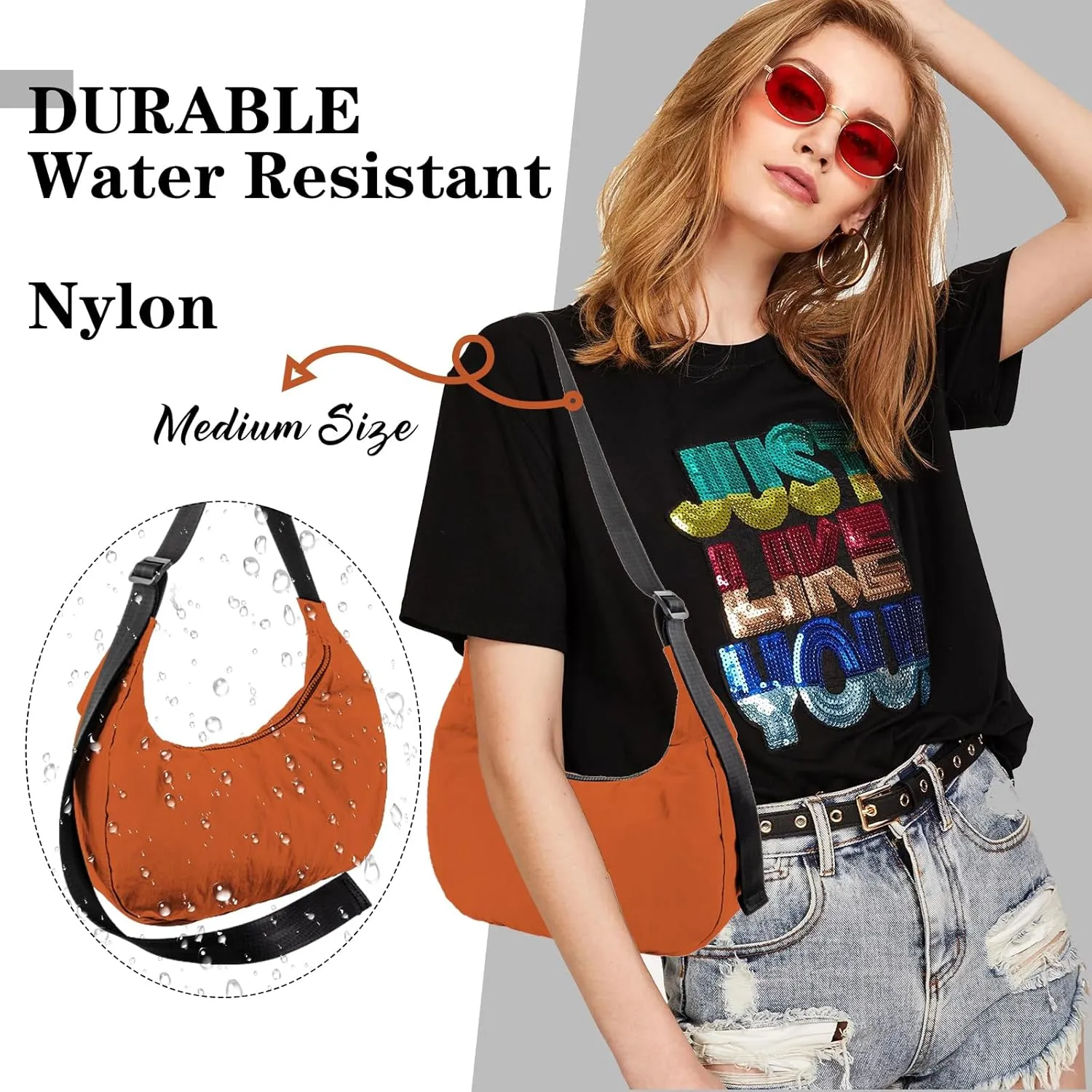 Nylon Crescent Shoulder Bag for Women Men,Crossbody Bag with Adjustable Strap&Dual Interior Zip Pocket