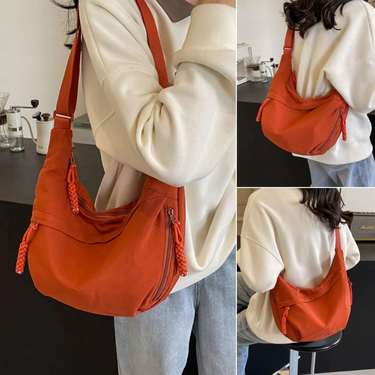 Nylon Crossbody Bags for Women, Trendy Medium Crescent Bag, Lightweight Woman Over Shoulder Purse with Zipper