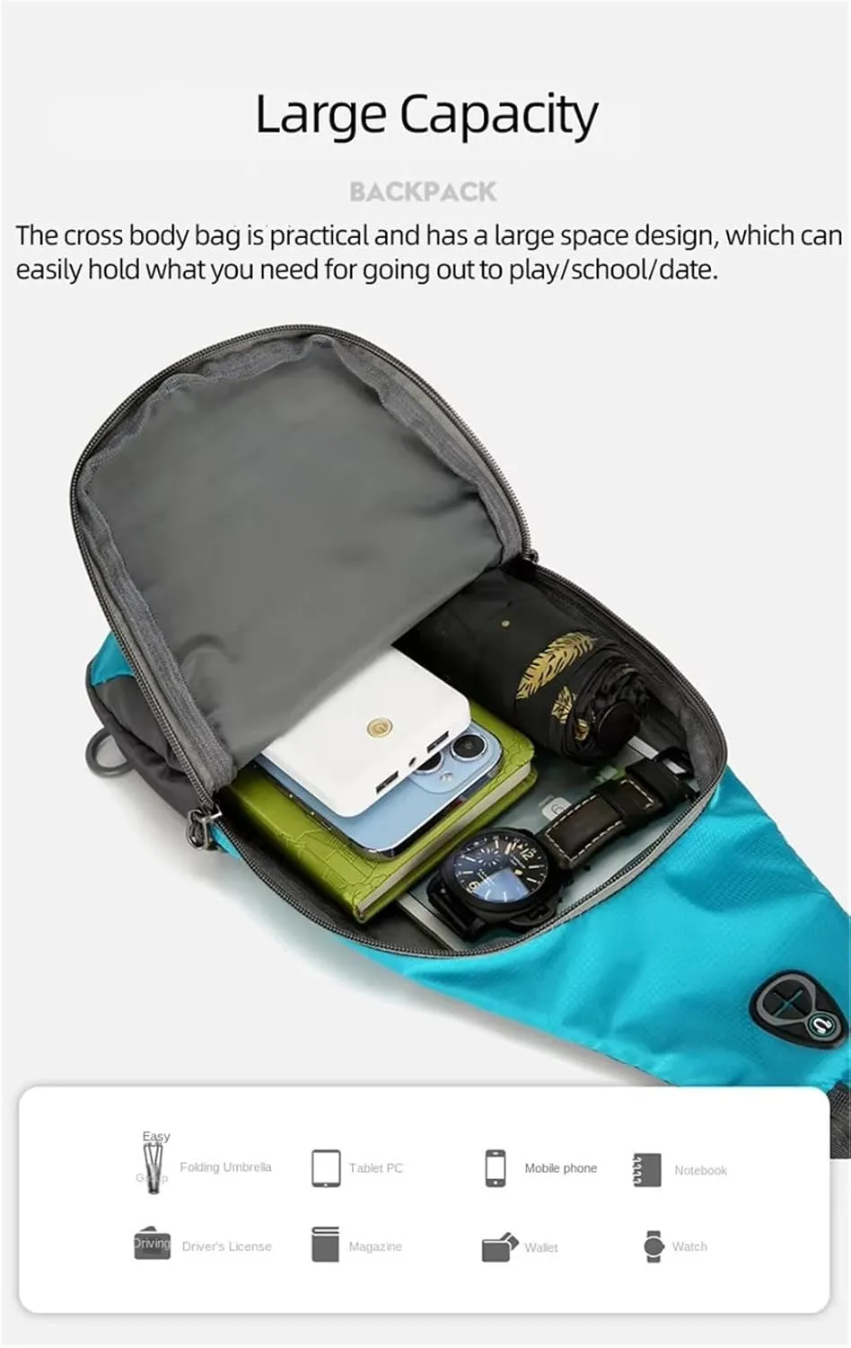 Nylon Crossbody Sling Chest Bag Daypack for Men Women Sport Hiking Bicycle Travel Gym Small Backpack Outdoor (Navy Blue), Average