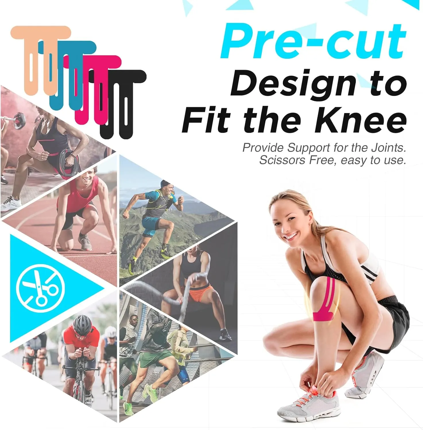 OK TAPE Nylon Kinesiology Tape for Knee, 10 Pcs Stretchable on Four Sides Precut Strips, Athletic Tape for Knee Support & Stability,Breathable and Hypoallergenic, Black