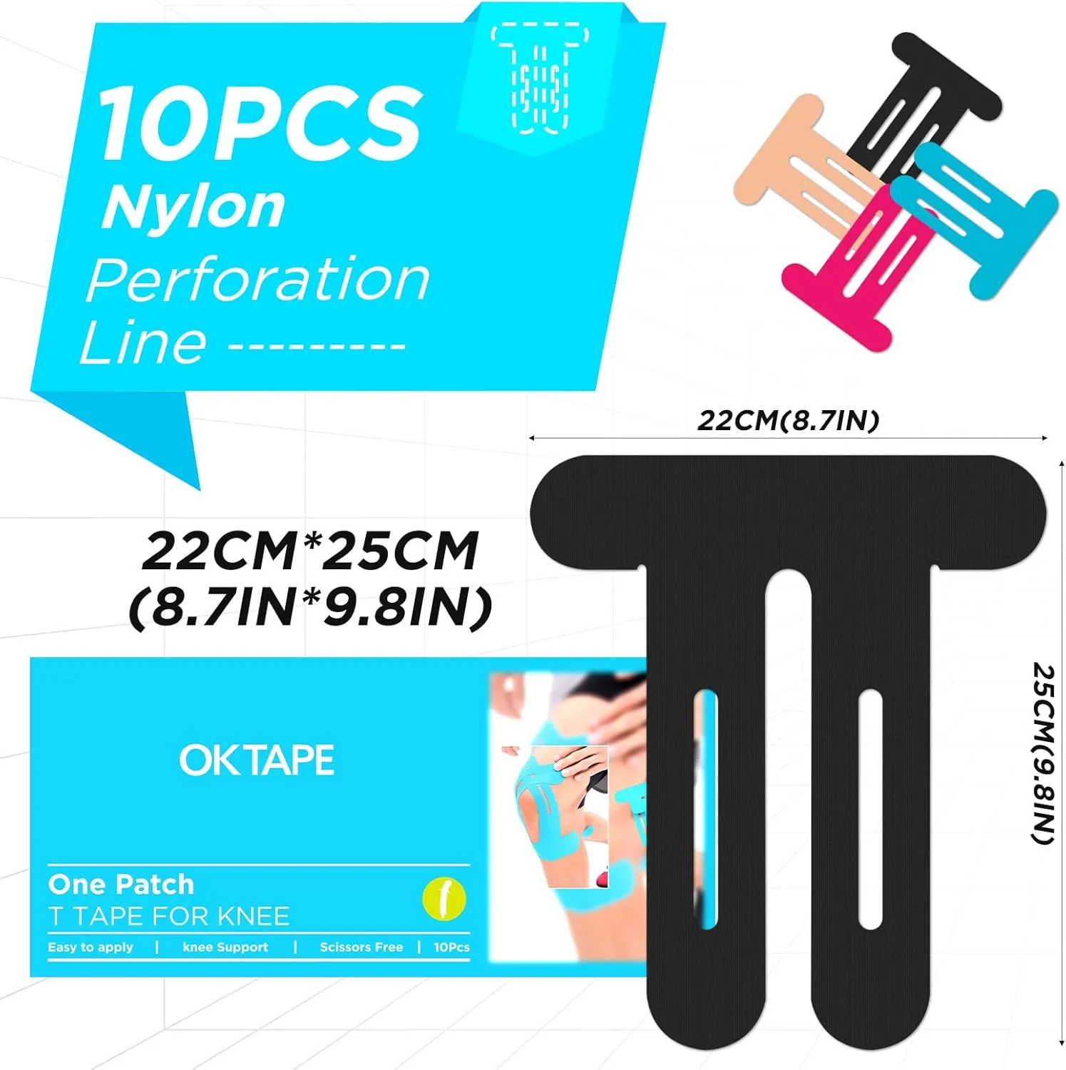 OK TAPE Nylon Kinesiology Tape for Knee, 10 Pcs Stretchable on Four Sides Precut Strips, Athletic Tape for Knee Support & Stability,Breathable and Hypoallergenic, Black