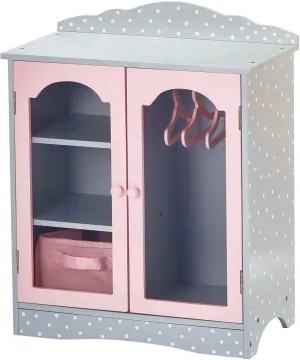 Olivia's Little World Polka Dot Princess Wooden Shaker-Style Double Closet for 18" Doll Wardrobes with Windowed Doors, Three Shelves, Hanging Space with Hangers, Gray/Pink