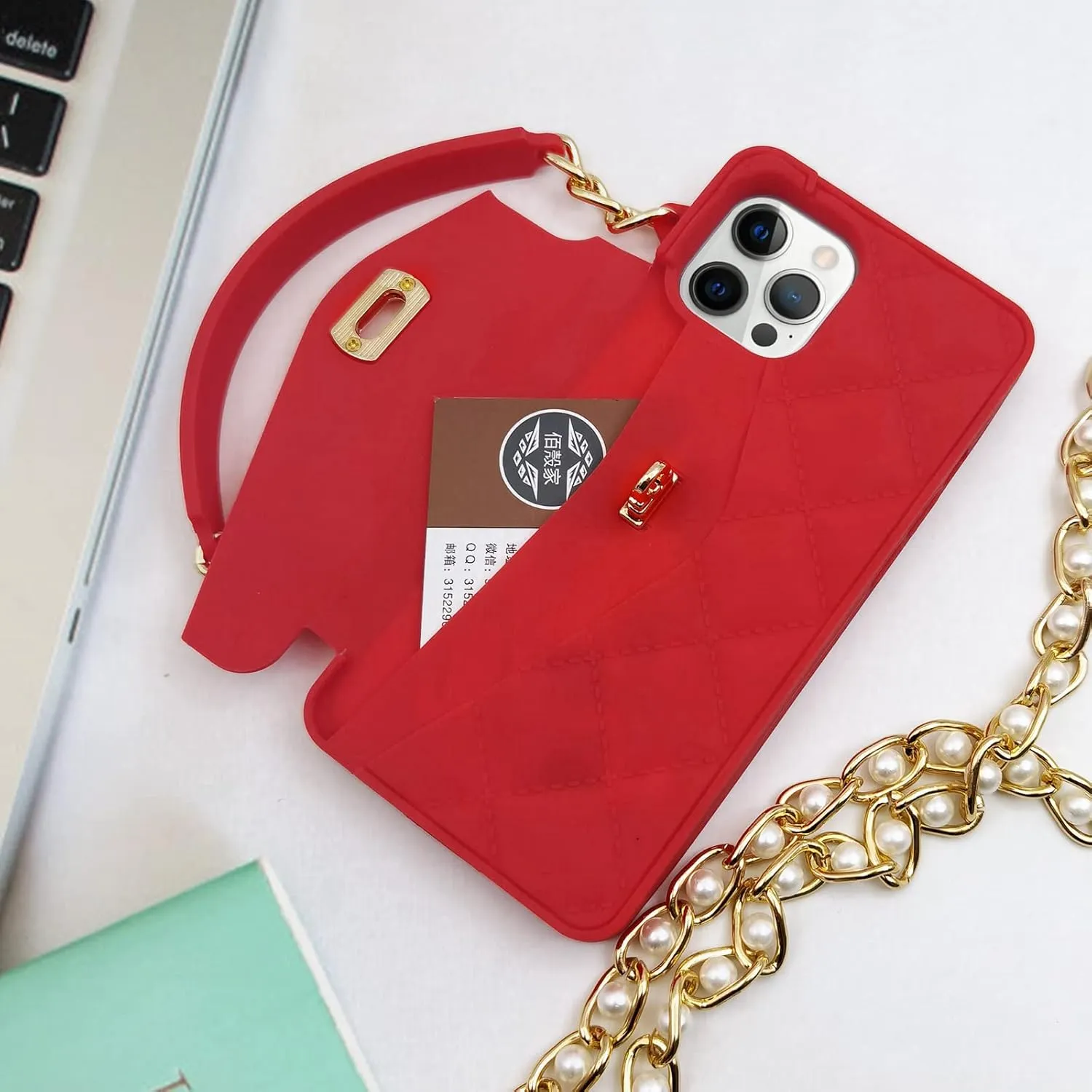 Omio for iPhone 12 Pro Max Wallet Case with Card Holder Luxury Chain Case with Long Pearl Shoulder Crossbody Lanyard Wrist Strap Soft Silicone Handbag Cover for Women Girls, Red