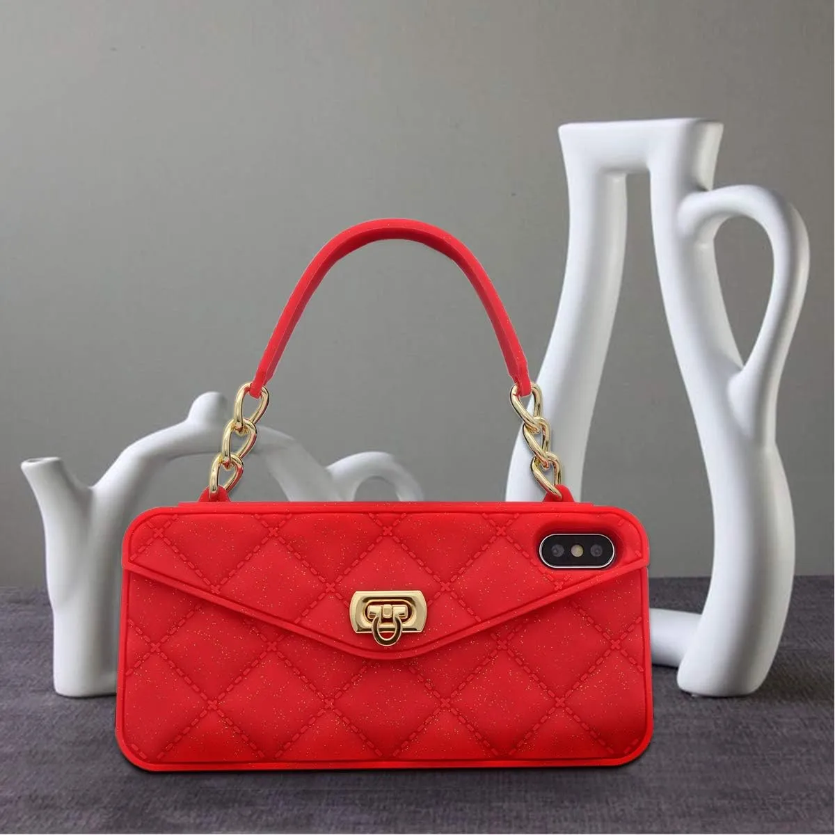 Omio for iPhone 12 Pro Max Wallet Case with Card Holder Luxury Chain Case with Long Pearl Shoulder Crossbody Lanyard Wrist Strap Soft Silicone Handbag Cover for Women Girls, Red