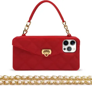 Omio for iPhone 12 Pro Max Wallet Case with Card Holder Luxury Chain Case with Long Pearl Shoulder Crossbody Lanyard Wrist Strap Soft Silicone Handbag Cover for Women Girls, Red