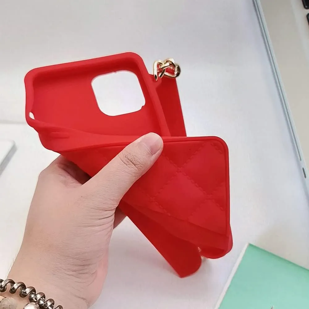 Omio for iPhone 12 Pro Max Wallet Case with Card Holder Luxury Chain Case with Long Pearl Shoulder Crossbody Lanyard Wrist Strap Soft Silicone Handbag Cover for Women Girls, Red