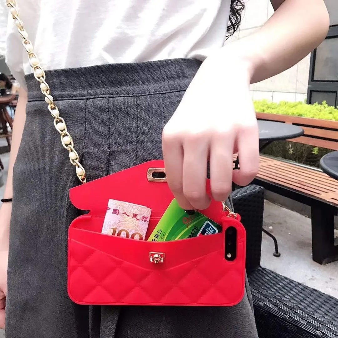 Omio for iPhone 12 Pro Max Wallet Case with Card Holder Luxury Chain Case with Long Pearl Shoulder Crossbody Lanyard Wrist Strap Soft Silicone Handbag Cover for Women Girls, Red