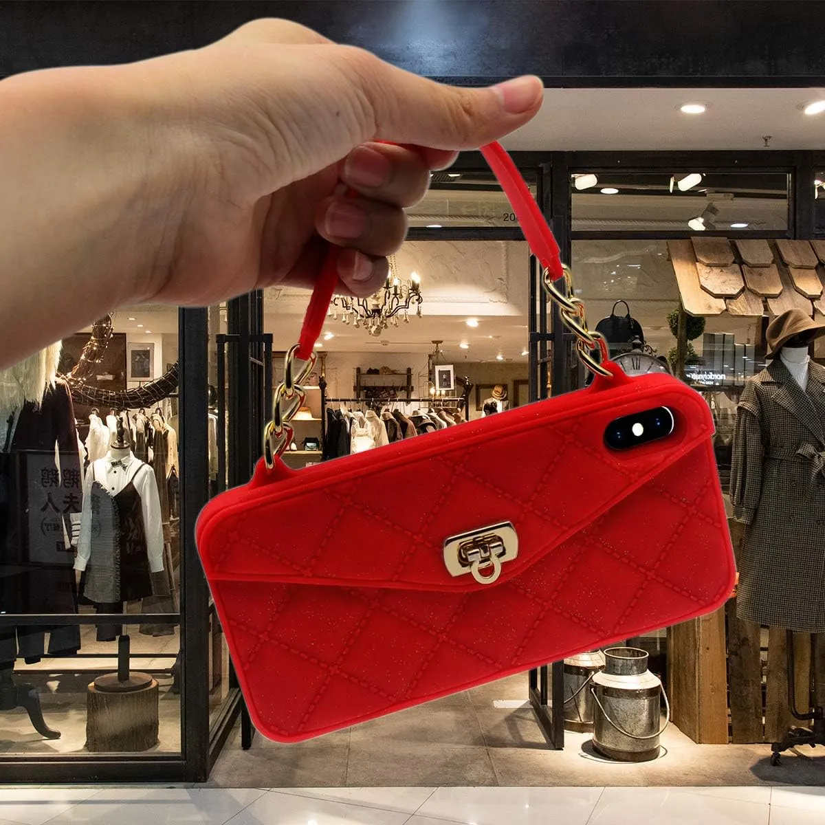 Omio for iPhone 12 Pro Max Wallet Case with Card Holder Luxury Chain Case with Long Pearl Shoulder Crossbody Lanyard Wrist Strap Soft Silicone Handbag Cover for Women Girls, Red