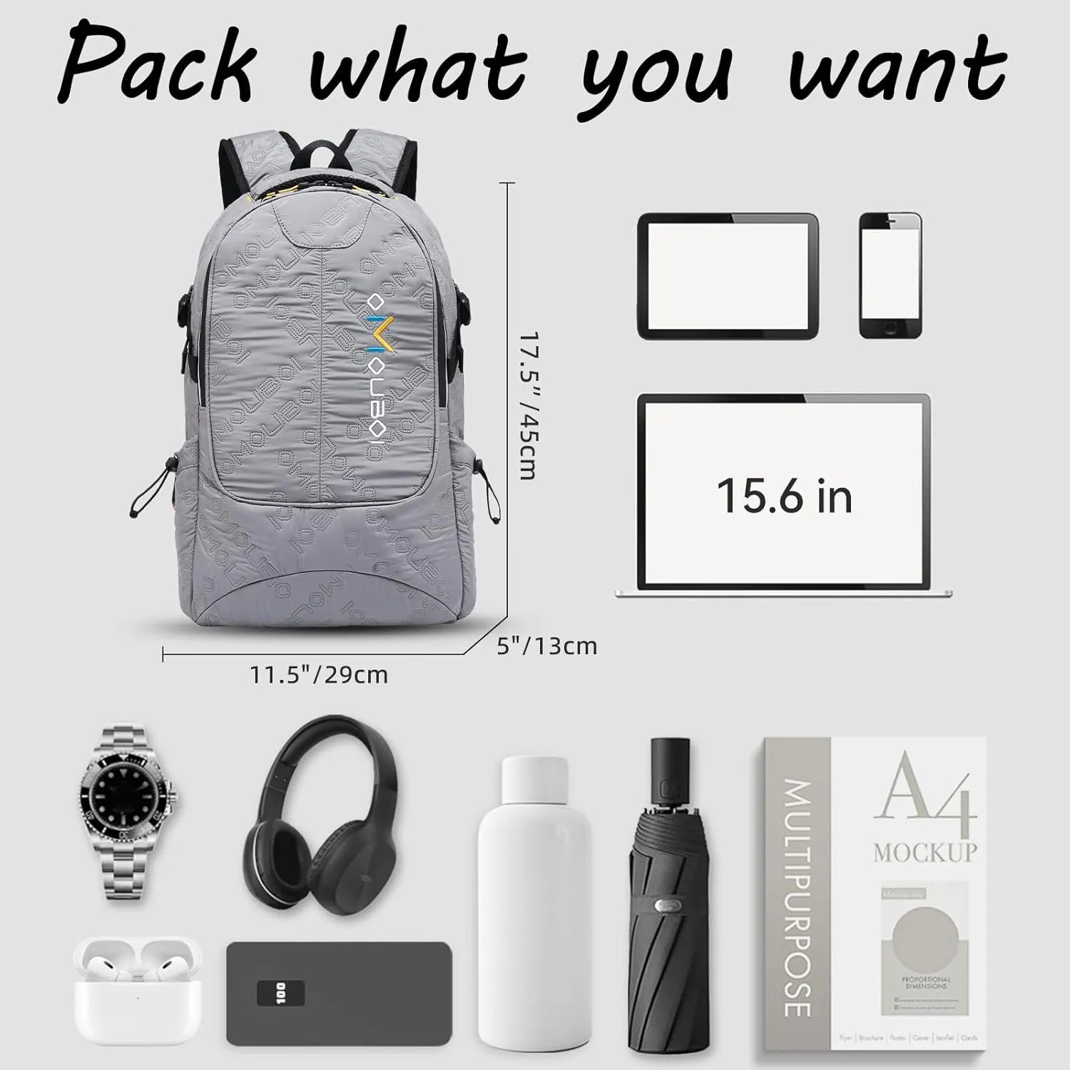 OMOUBOI Travel Laptop Backpack Lightweight 15.6" Reflective Business Daypack Water Resistant Computer Backpack (Grey)