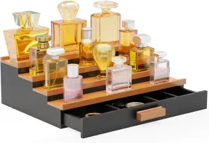 ONKO Wooden Cologne Organizer for Men, 4 Tier Cologne Stand, Cologne Shelf with Drawer and Hidden Compartment Perfume Display Holder, Premium Materials, Minimal Design, Great Gift for Man