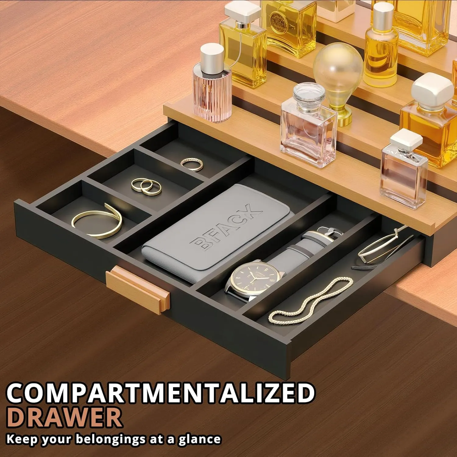 ONKO Wooden Cologne Organizer for Men, 4 Tier Cologne Stand, Cologne Shelf with Drawer and Hidden Compartment Perfume Display Holder, Premium Materials, Minimal Design, Great Gift for Man