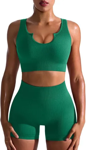 OQQ Workout Outfits for Women 2 Piece Seamless Ribbed High Waist Leggings with Sports Bra Exercise Set…