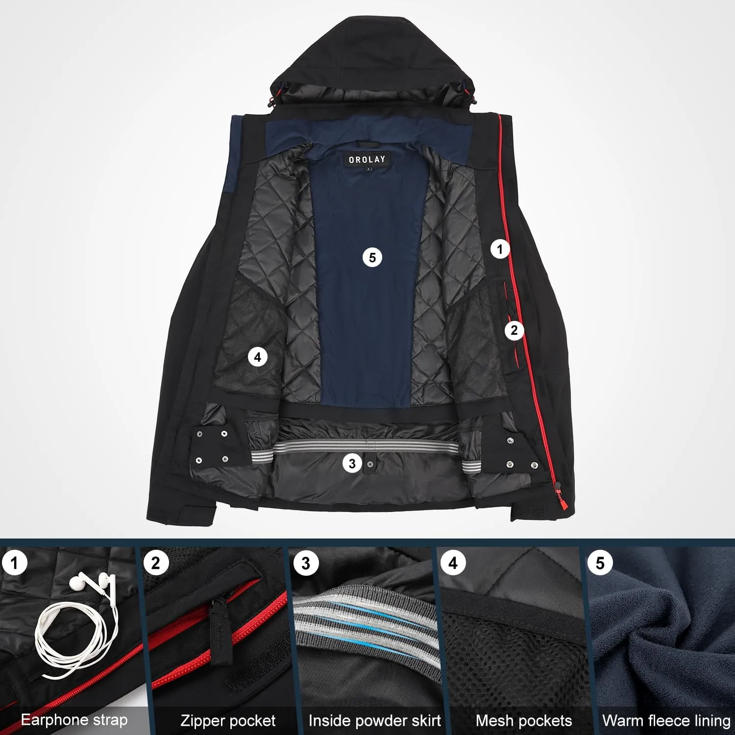 Orolay Men's Mountain Waterproof Ski Jacket Windproof Rain Jacket Winter Warm Snow Coat