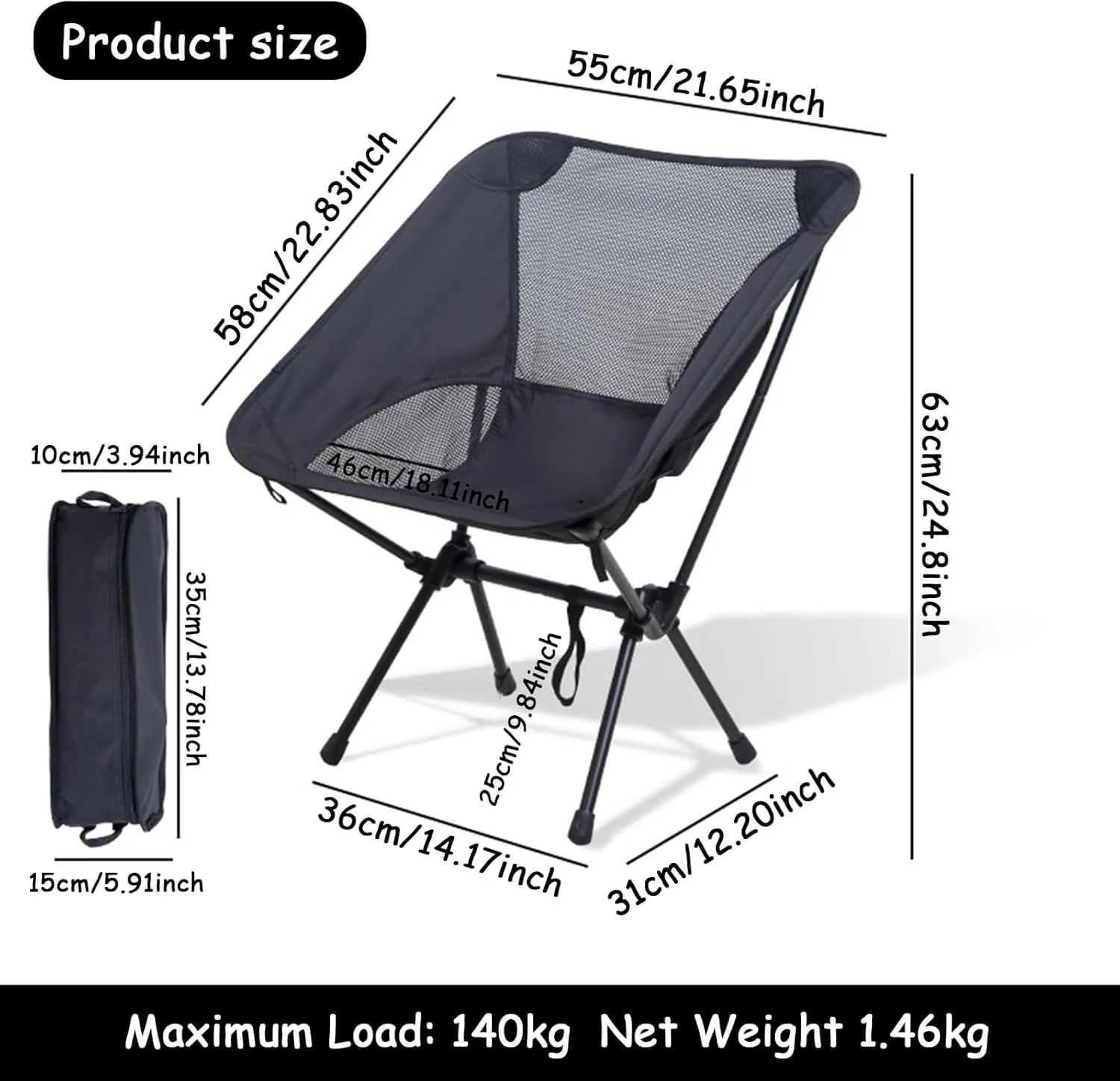 Outdoor Folding Chairs, Portable Camping Chair with Storage Bag, Support up to 300Lbs, Ultralight Compact Foldable Backpacking Chair for Beach Hiking Picnic Fishing Camp Travel,Black